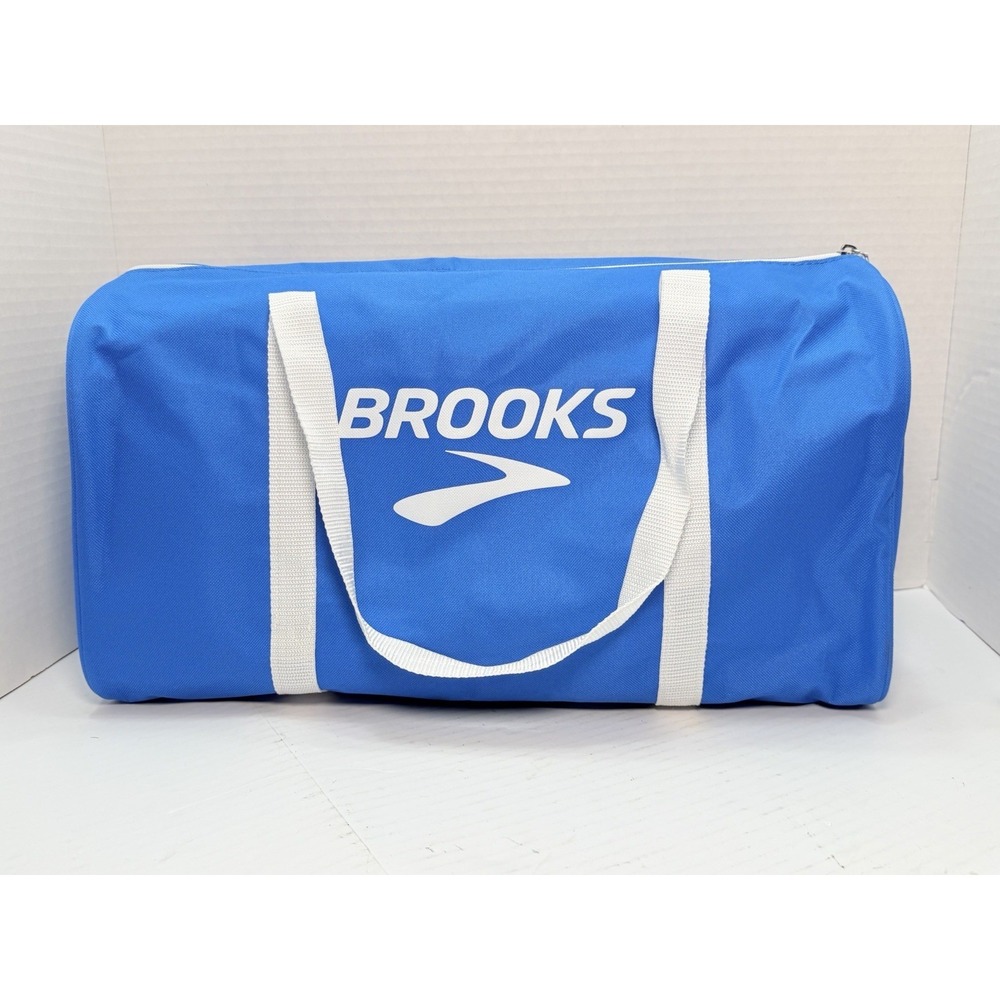 Brooks Running Blue Duffel Bag 18x10x7 White Logo Zipper Gym Travel Gear Tote